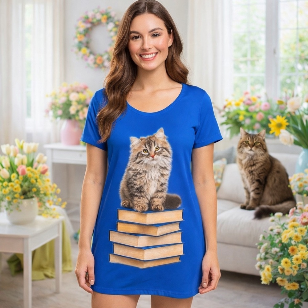 BRIEF INSANITY Nightshirt Cats on Books Blue Short Sleeve Large / Extra Large